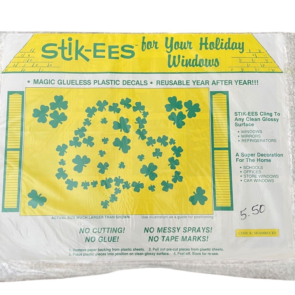 Vtg‎ Stik-ees Window Clings 90s Teacher School clover shamrock st Patrick's day